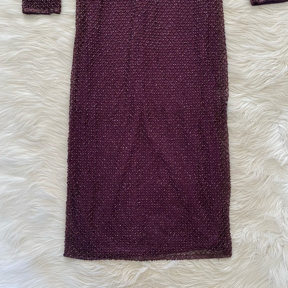 Mac Duggal Purple Plum Lattice Beaded Long Sleeve Modest Formal Midi Dress - Picture 5 of 16